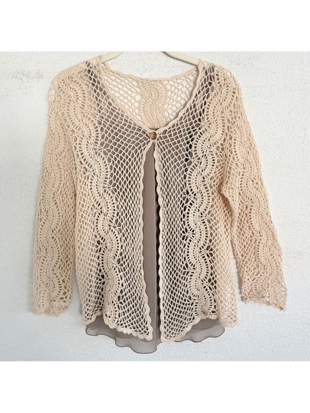 Vintage Open Knit Sweater Crochet Lace Fairy Indie Sleazy S Beige Cream